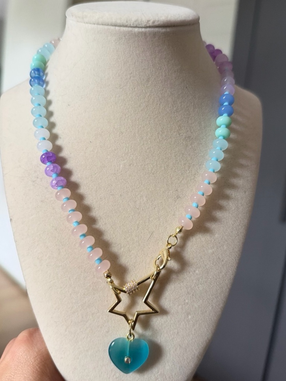 Multicolor Beaded Necklace with Gold Star and Teal Heart Pendant